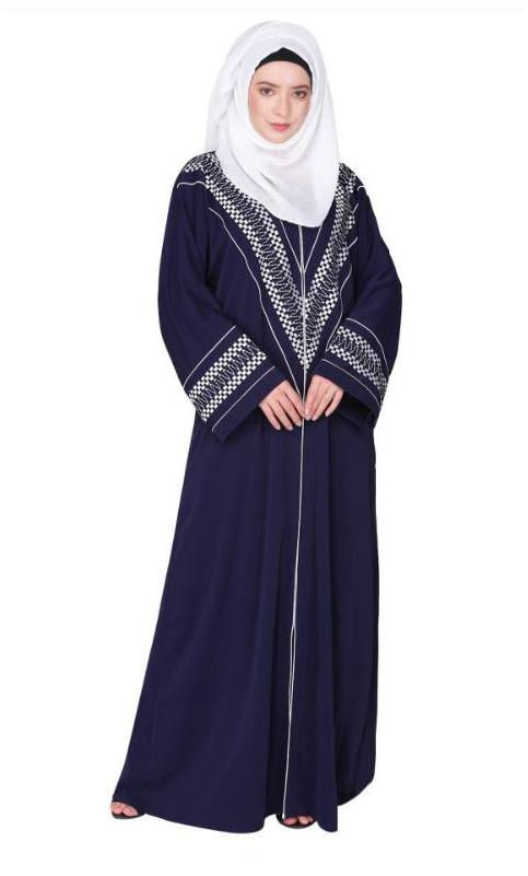 A Magnificent Palestinian Motif Front Open Embroidered Blue Abaya