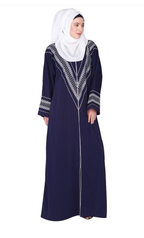 A Magnificent Palestinian Motif Front Open Embroidered Blue Abaya
