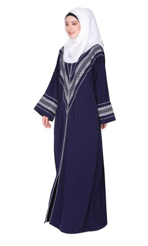 A Magnificent Palestinian Motif Front Open Embroidered Blue Abaya