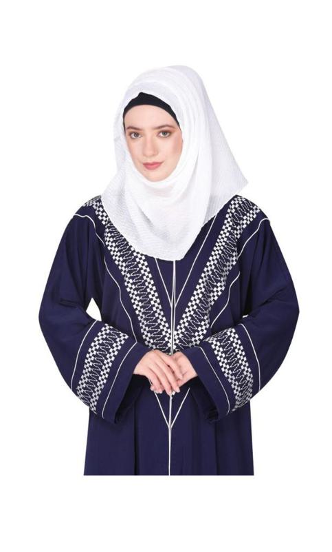 A Magnificent Palestinian Motif Front Open Embroidered Blue Abaya