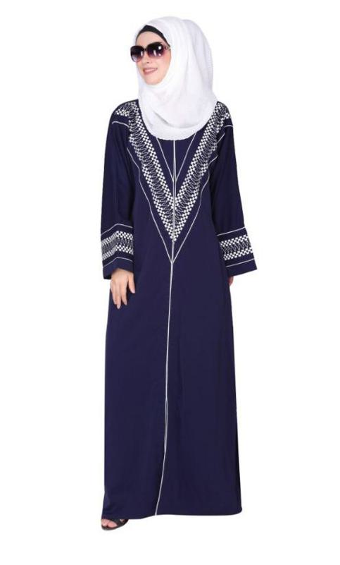 A Magnificent Palestinian Motif Front Open Embroidered Blue Abaya