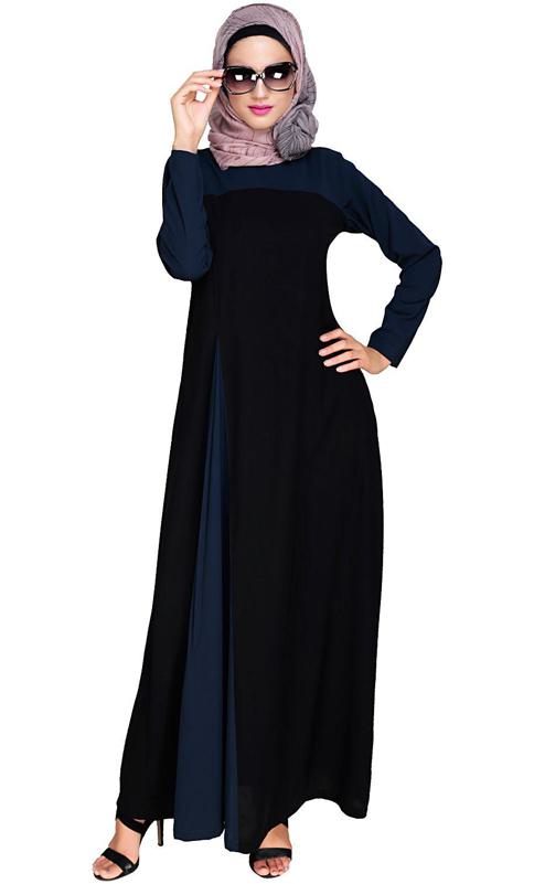 Accordion Side Pleated Blue and Black Abaya