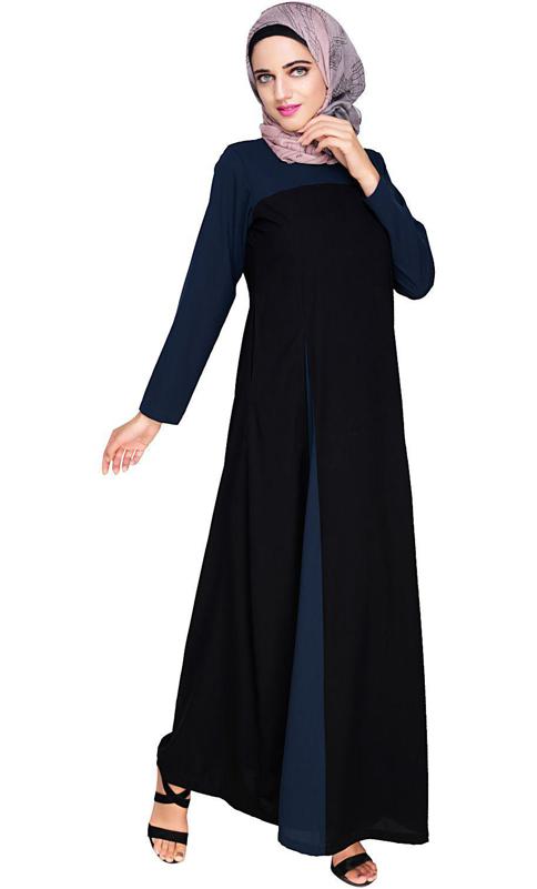 Accordion Side Pleated Blue and Black Abaya