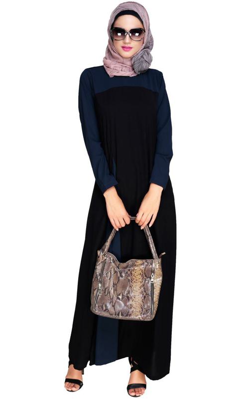 Accordion Side Pleated Blue and Black Abaya