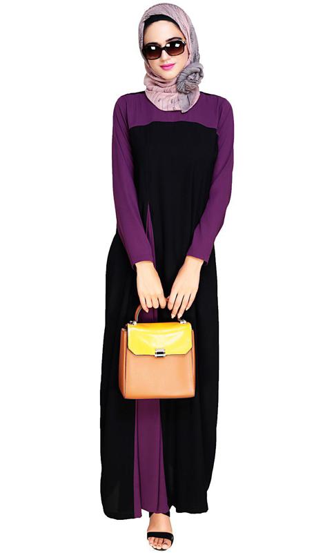 Accordion Side Pleated Purple and Black Abaya