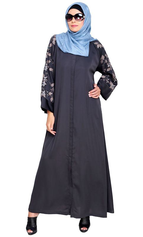 Alluring Floral Embroidery Dubai Style Dark Grey Abaya (Made-To-Order)