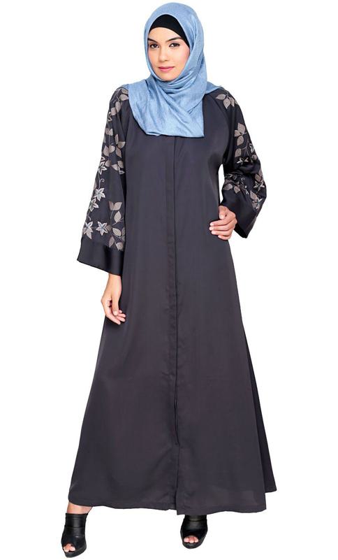 Alluring Floral Embroidery Dubai Style Dark Grey Abaya (Made-To-Order)
