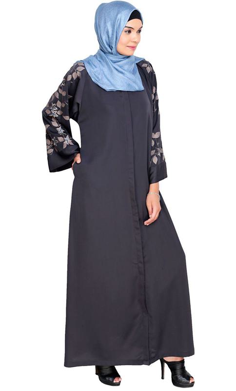 Alluring Floral Embroidery Dubai Style Dark Grey Abaya (Made-To-Order)