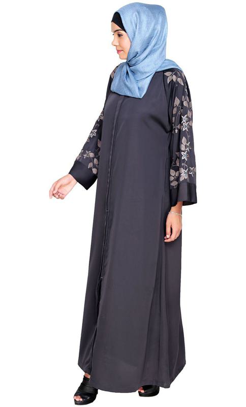 Alluring Floral Embroidery Dubai Style Dark Grey Abaya (Made-To-Order)