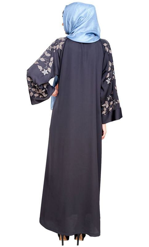 Alluring Floral Embroidery Dubai Style Dark Grey Abaya (Made-To-Order)