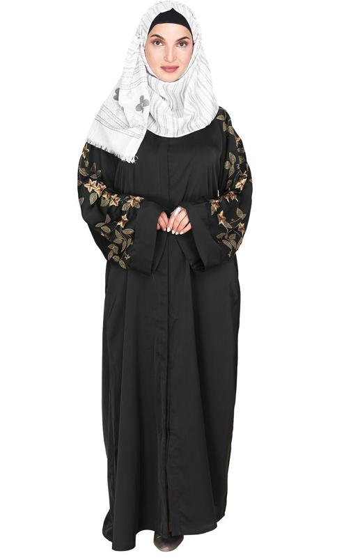 Alluring Olive Green Floral Embroidery Dubai Style Black Abaya (Made-To-Order)