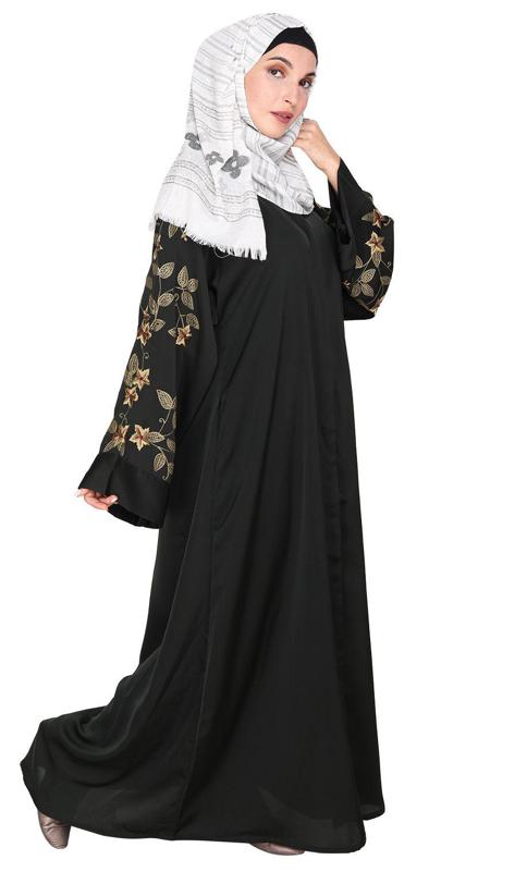 Alluring Olive Green Floral Embroidery Dubai Style Black Abaya (Made-To-Order)