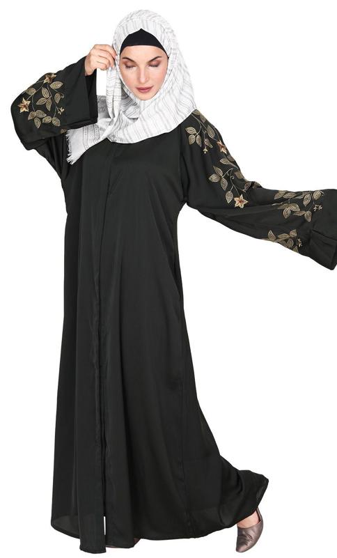 Alluring Olive Green Floral Embroidery Dubai Style Black Abaya (Made-To-Order)