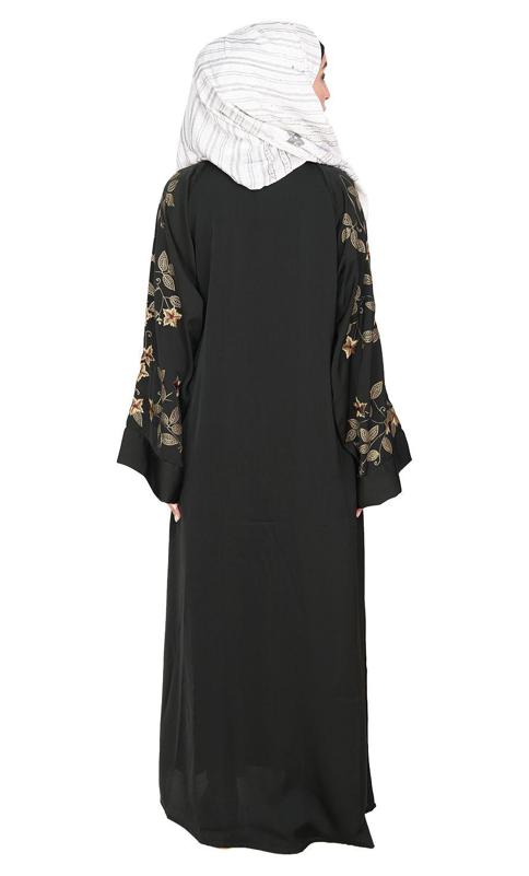 Alluring Olive Green Floral Embroidery Dubai Style Black Abaya (Made-To-Order)
