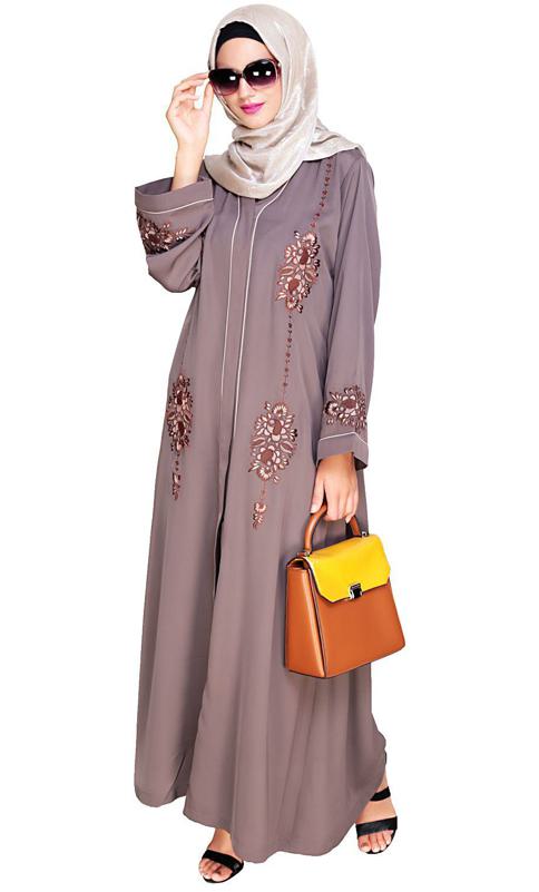 Appealing Brown Floral Embroidery Dubai Style Abaya