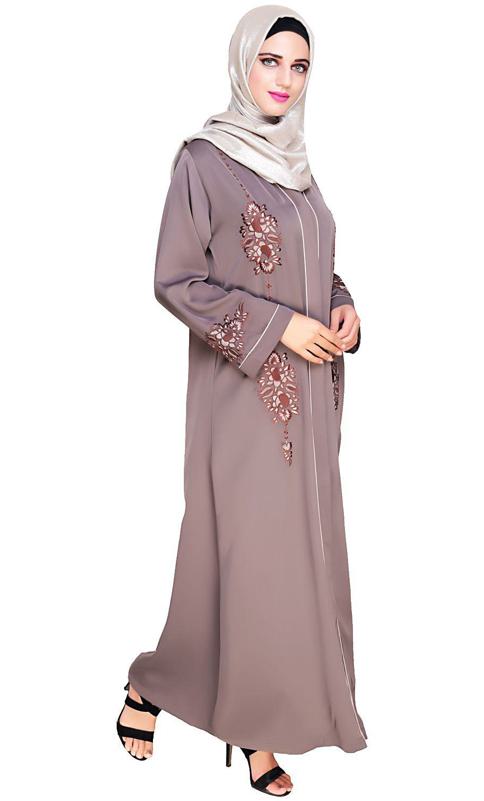 Appealing Brown Floral Embroidery Dubai Style Abaya