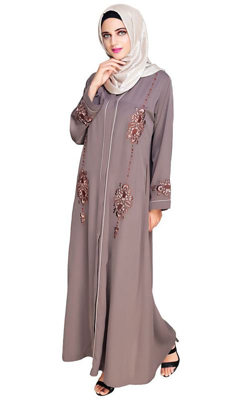 Appealing Brown Floral Embroidery Dubai Style Abaya