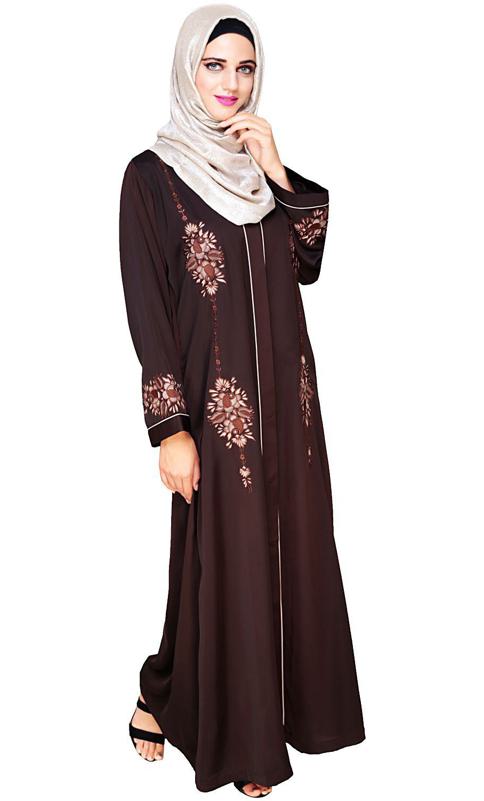 Appealing Dark Brown Floral Embroidery Dubai Style Abaya (Made-To-Order)