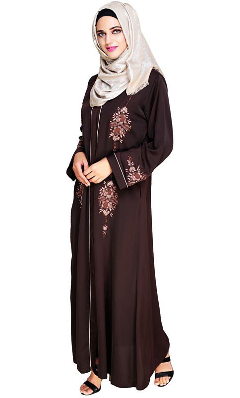 Appealing Dark Brown Floral Embroidery Dubai Style Abaya (Made-To-Order)