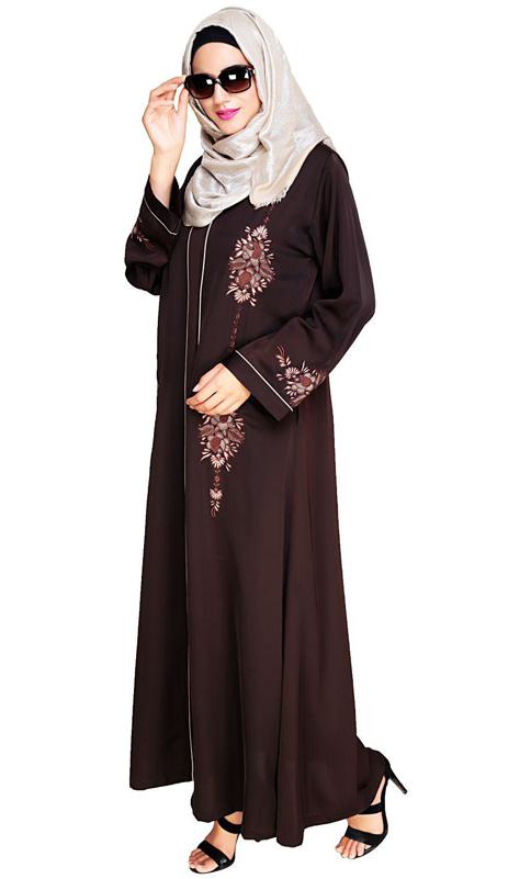 Appealing Dark Brown Floral Embroidery Dubai Style Abaya (Made-To-Order)