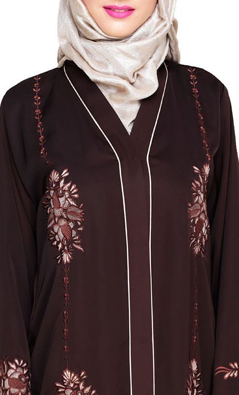 Appealing Dark Brown Floral Embroidery Dubai Style Abaya (Made-To-Order)