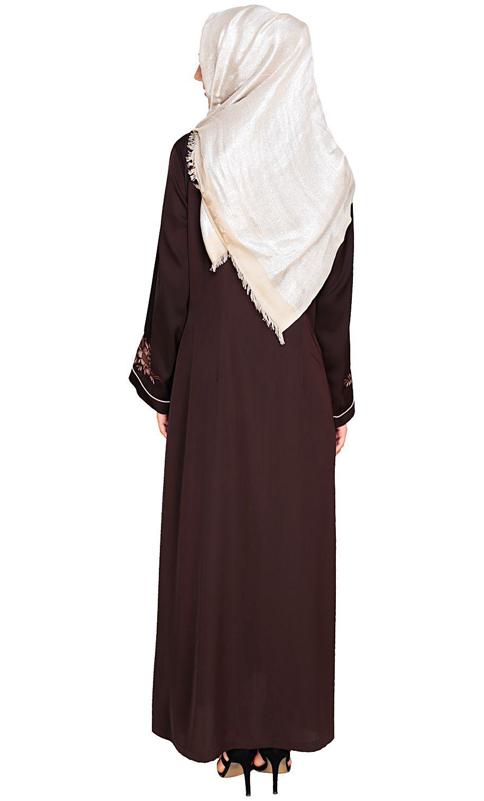 Appealing Dark Brown Floral Embroidery Dubai Style Abaya (Made-To-Order)