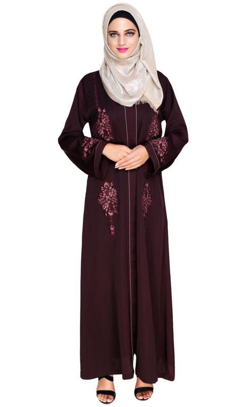 Appealing Wine Floral Embroidery Dubai Style Abaya