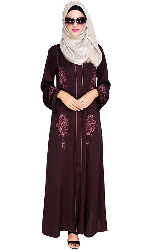 Appealing Wine Floral Embroidery Dubai Style Abaya