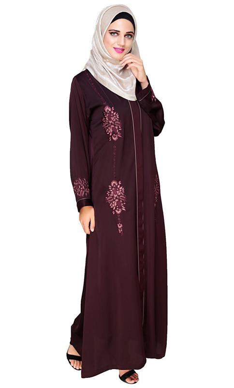 Appealing Wine Floral Embroidery Dubai Style Abaya