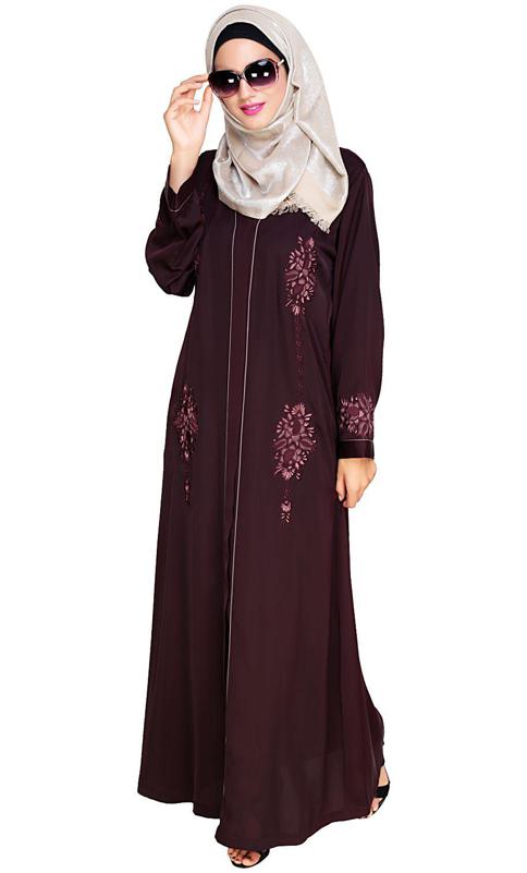Appealing Wine Floral Embroidery Dubai Style Abaya