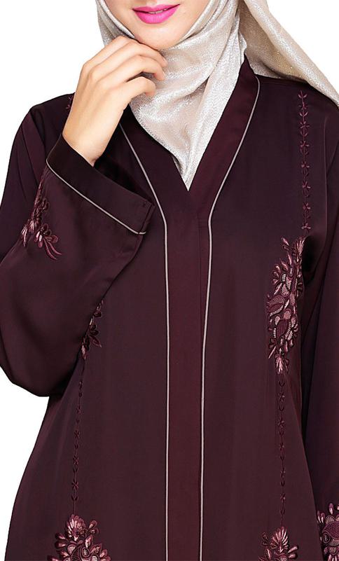 Appealing Wine Floral Embroidery Dubai Style Abaya