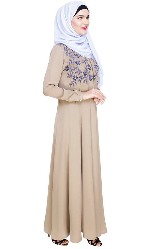 Beautiful Embroidered Yoke Beige Abaya