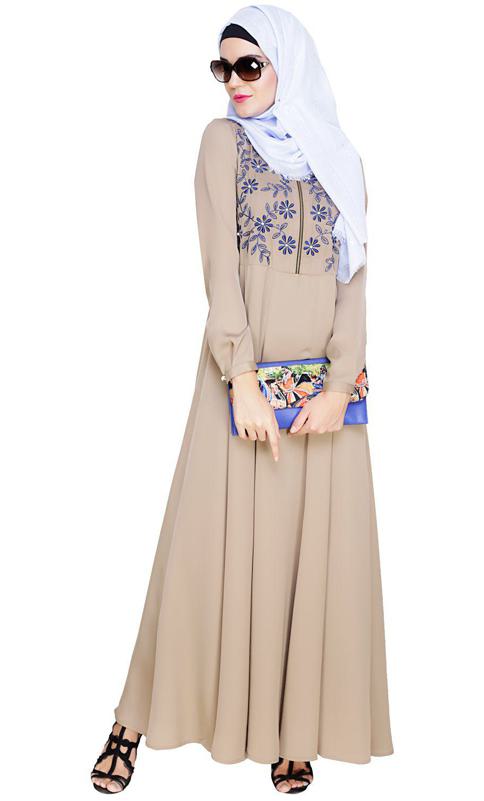 Beautiful Embroidered Yoke Beige Abaya