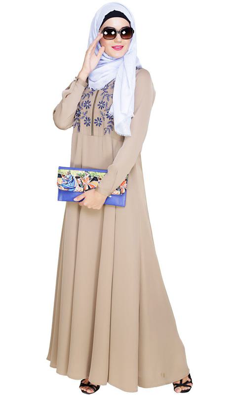 Beautiful Embroidered Yoke Beige Abaya