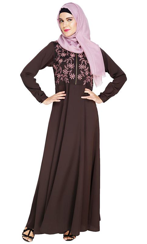Beautiful Embroidered Yoke Brown Abaya