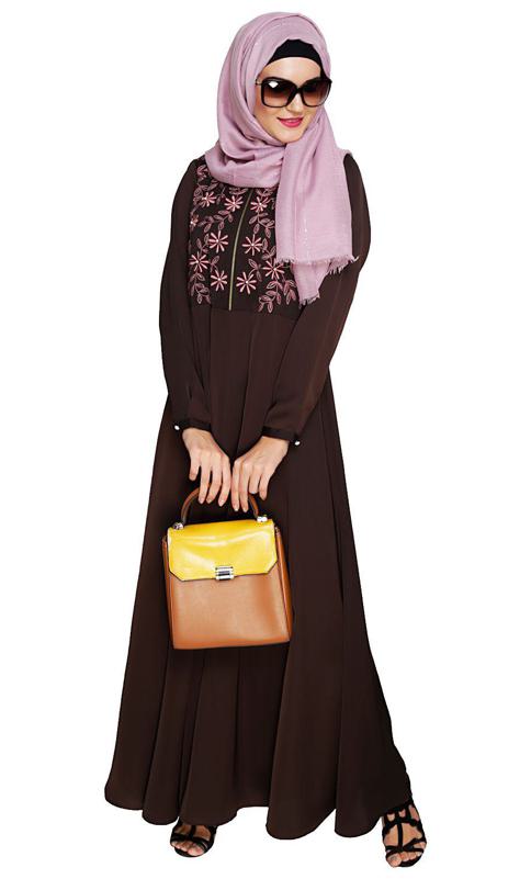 Beautiful Embroidered Yoke Brown Abaya