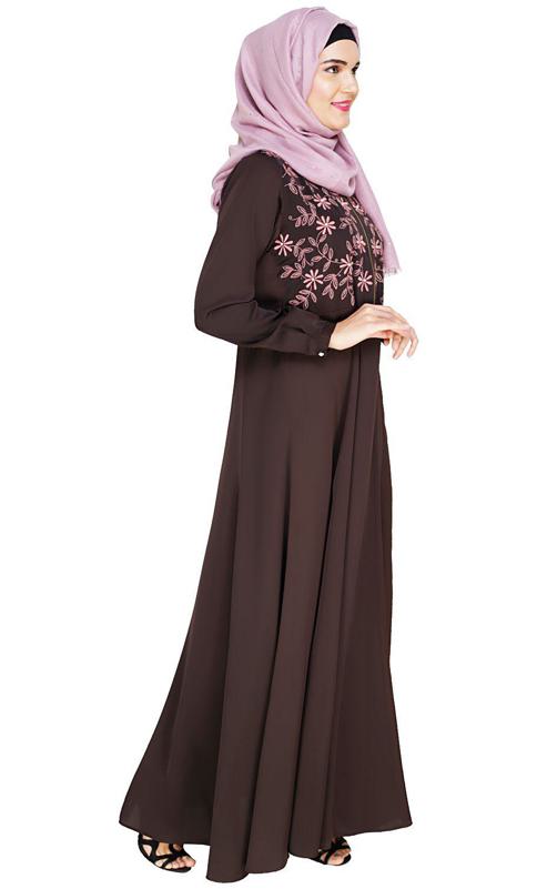 Beautiful Embroidered Yoke Brown Abaya