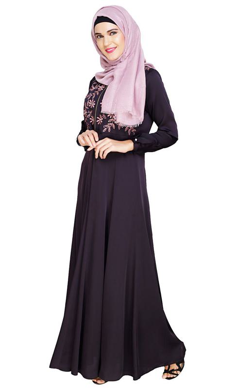 Beautiful Embroidered Yoke Dark Purple Abaya (Made-To-Order)