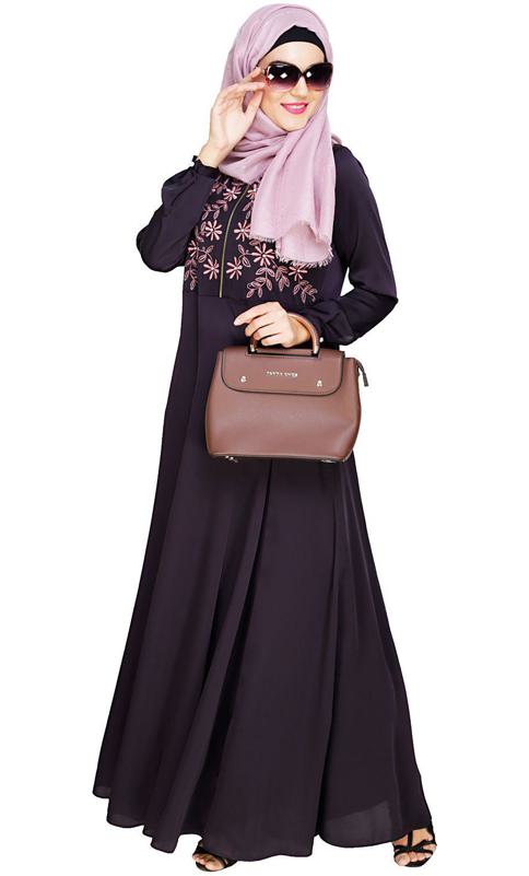 Beautiful Embroidered Yoke Dark Purple Abaya (Made-To-Order)