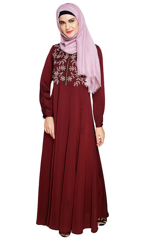 Beautiful Embroidered Yoke Wine Abaya (Made-To-Order)