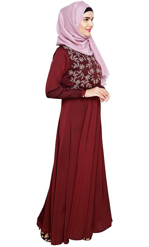 Beautiful Embroidered Yoke Wine Abaya (Made-To-Order)