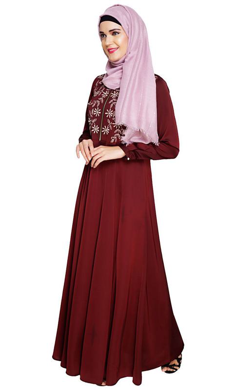Beautiful Embroidered Yoke Wine Abaya (Made-To-Order)