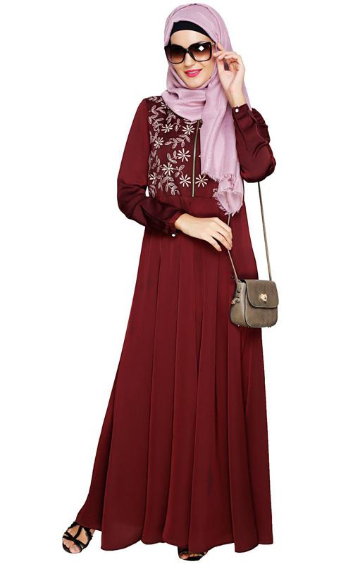 Beautiful Embroidered Yoke Wine Abaya (Made-To-Order)