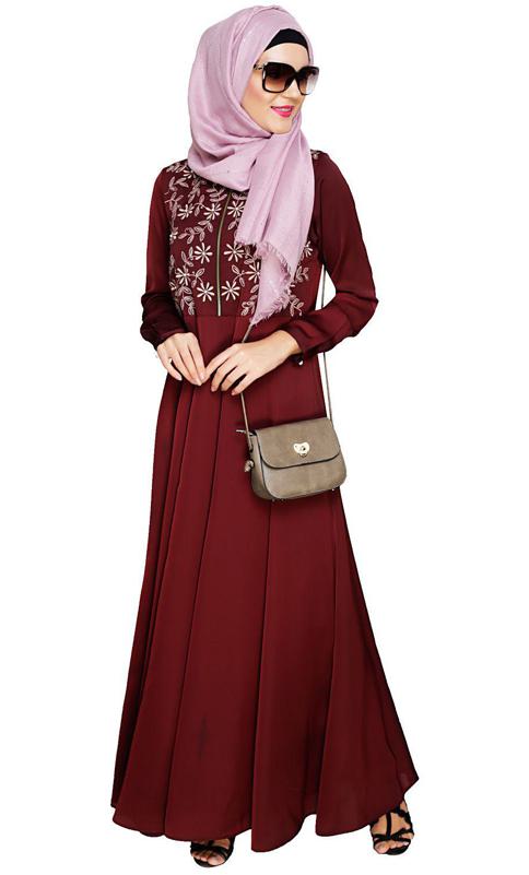Beautiful Embroidered Yoke Wine Abaya (Made-To-Order)