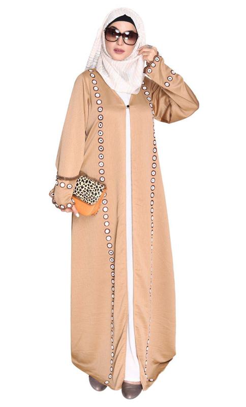 Beige Jacket Style Abaya with Exquisite Mirror Work (Made-To-Order)