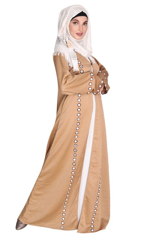 Beige Jacket Style Abaya with Exquisite Mirror Work (Made-To-Order)