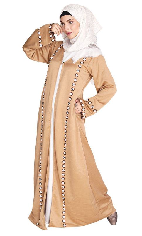 Beige Jacket Style Abaya with Exquisite Mirror Work (Made-To-Order)
