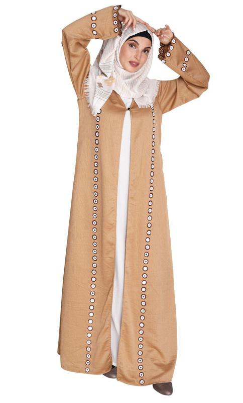 Beige Jacket Style Abaya with Exquisite Mirror Work (Made-To-Order)