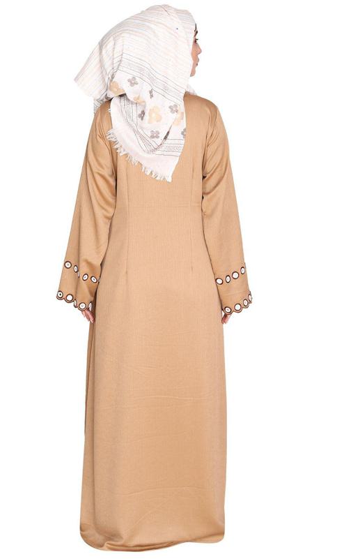 Beige Jacket Style Abaya with Exquisite Mirror Work (Made-To-Order)