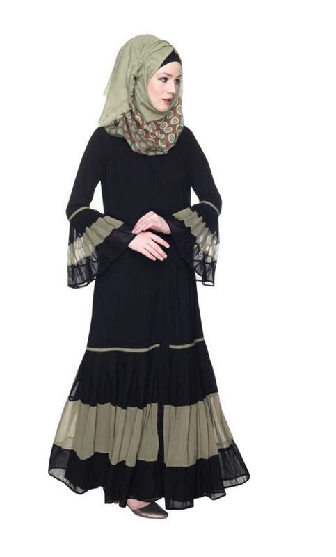 Bell Style Pleated Dead Mint & Black Georgette Abaya (Made-To-Order)
